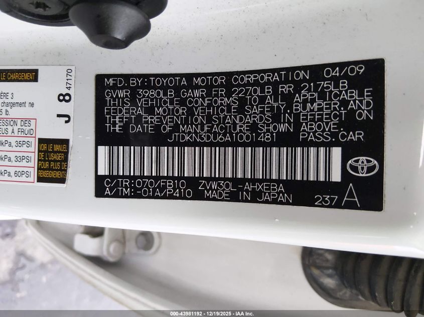 2010 Toyota Prius Ii VIN: JTDKN3DU6A1001481 Lot: 43981192