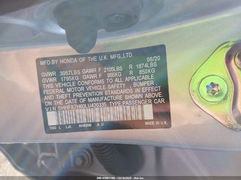 2020 Honda Civic Ex VIN: SHHFK7H60LU420335 Lot: 43981198