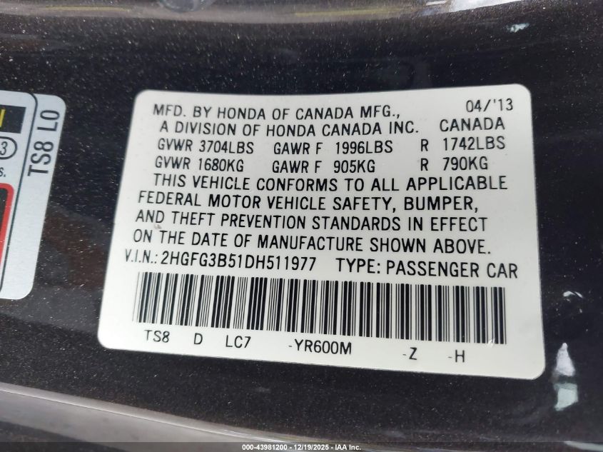 2013 Honda Civic Lx VIN: 2HGFG3B51DH511977 Lot: 43981200