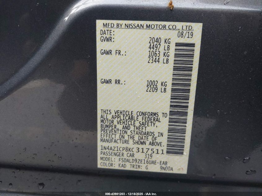 2019 Nissan Leaf Sv VIN: 1N4AZ1CP8KC317511 Lot: 43981203