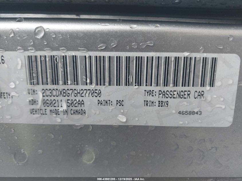 2016 Dodge Charger Se VIN: 2C3CDXBG7GH277050 Lot: 43981205