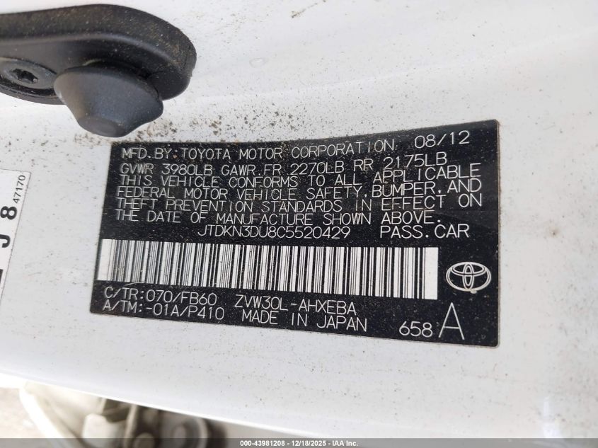 2012 Toyota Prius Three VIN: JTDKN3DU8C5520429 Lot: 43981208