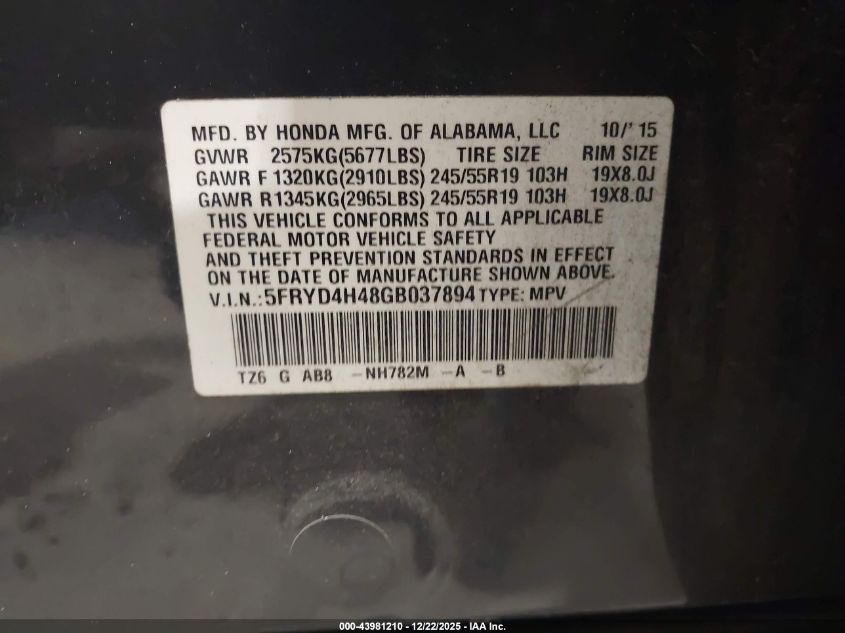 2016 Acura Mdx Technology Acurawatch Plus Packages/Technology Package VIN: 5FRYD4H48GB037894 Lot: 43981210