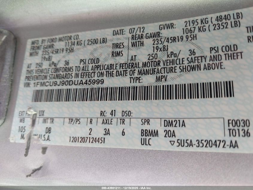 2013 Ford Escape Titanium VIN: 1FMCU9J90DUA45999 Lot: 43981211