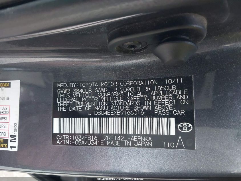 2011 Toyota Corolla Le VIN: JTDBU4EEXB9166016 Lot: 43981215