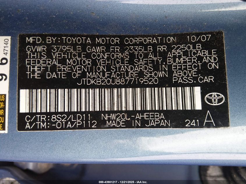 2008 Toyota Prius Touring VIN: JTDKB20U887719520 Lot: 43981217