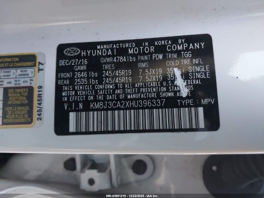 2017 Hyundai Tucson Sport VIN: KM8J3CA2XHU396337 Lot: 43981219