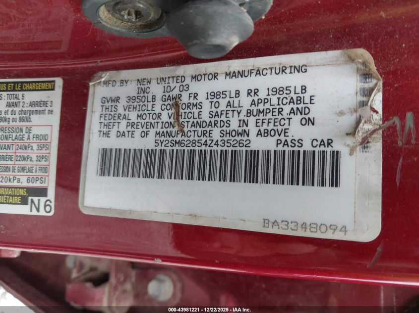 2004 Pontiac Vibe VIN: 5Y2SM62854Z435262 Lot: 43981221