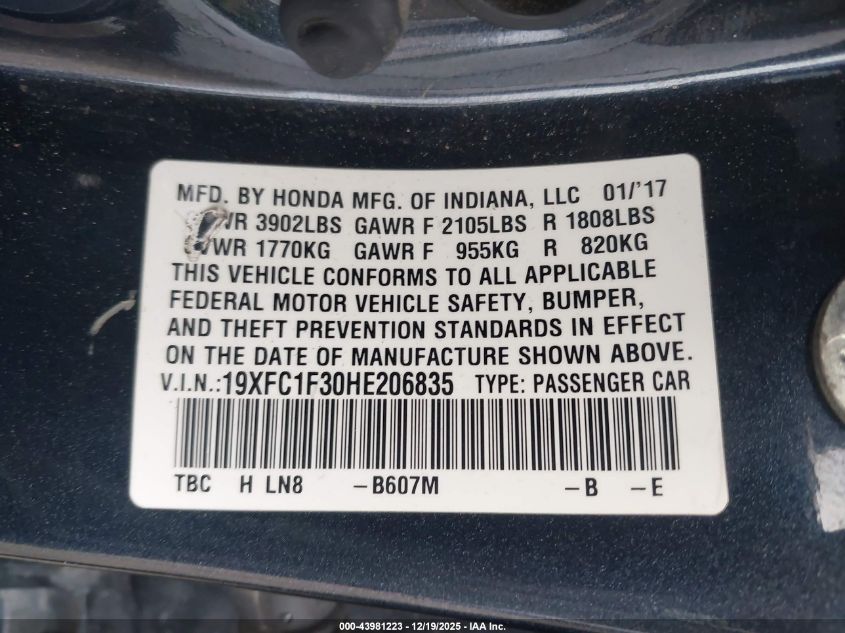 2017 Honda Civic Ex-T VIN: 19XFC1F30HE206835 Lot: 43981223