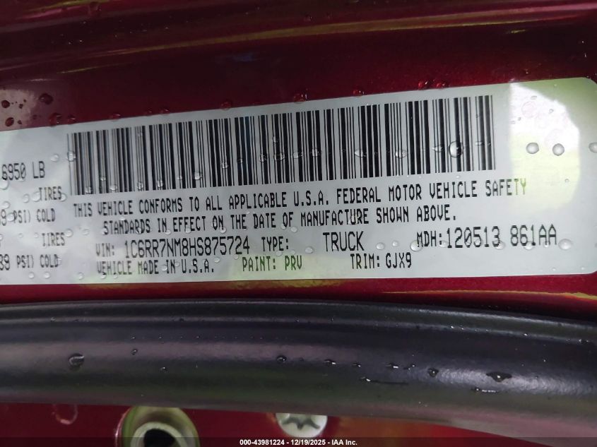 2017 Ram 1500 Laramie 4X4 5'7 Box VIN: 1C6RR7NM8HS875724 Lot: 43981224