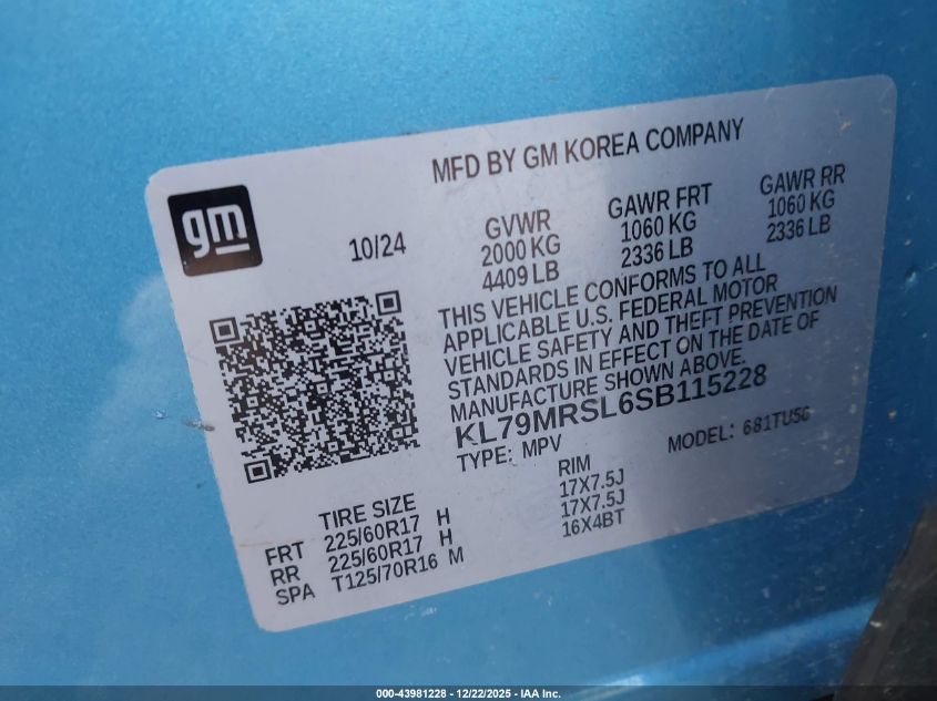 2025 Chevrolet Trailblazer Awd Lt VIN: KL79MRSL6SB115228 Lot: 43981228