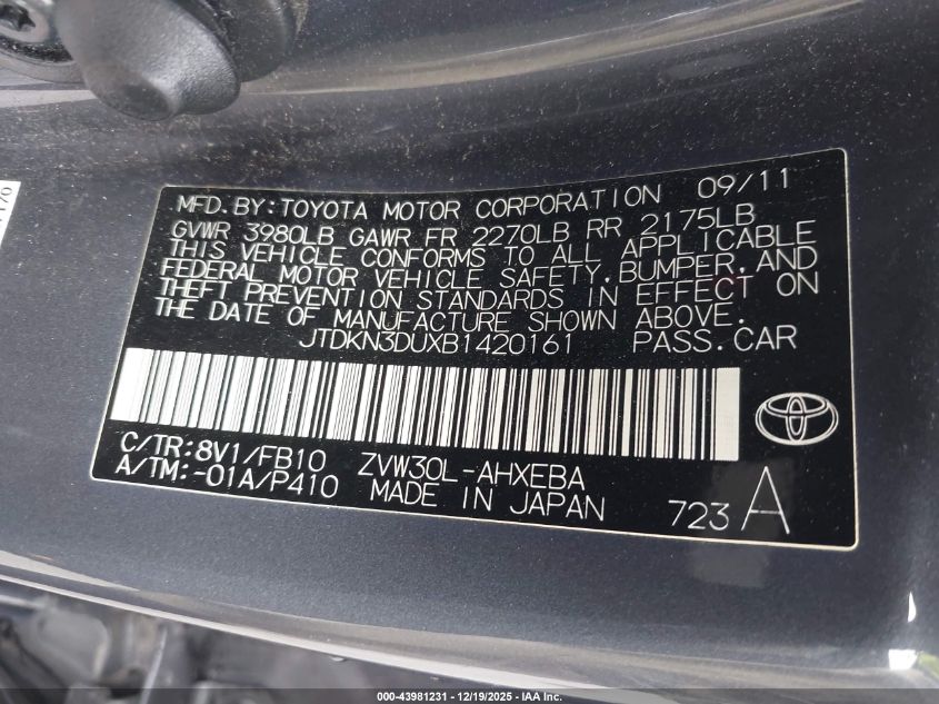 2011 Toyota Prius Two VIN: JTDKN3DUXB1420161 Lot: 43981231