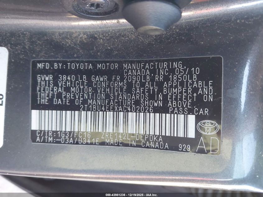 2010 Toyota Corolla Le VIN: 2T1BU4EEXAC402026 Lot: 43981236