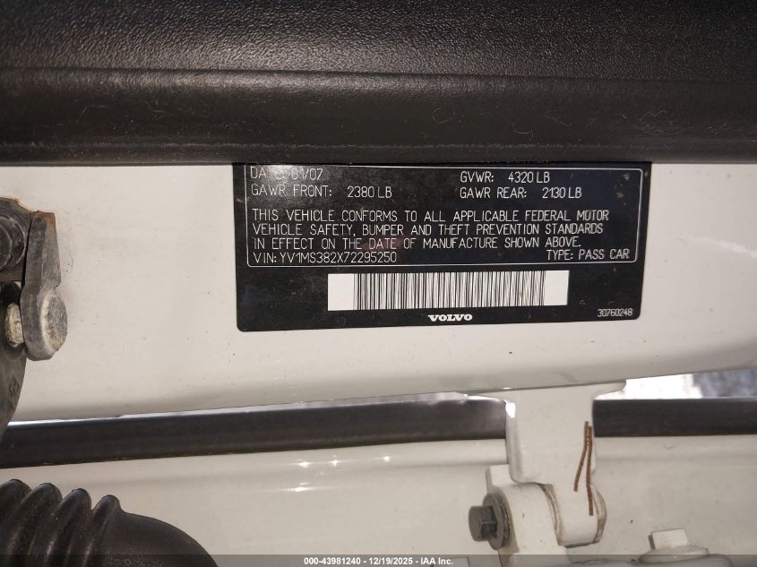 2007 Volvo S40 2.4I VIN: YV1MS382X72295250 Lot: 43981240