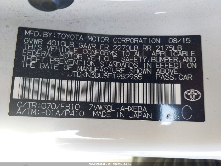 2015 Toyota Prius Two VIN: JTDKN3DU8F1982985 Lot: 43981247