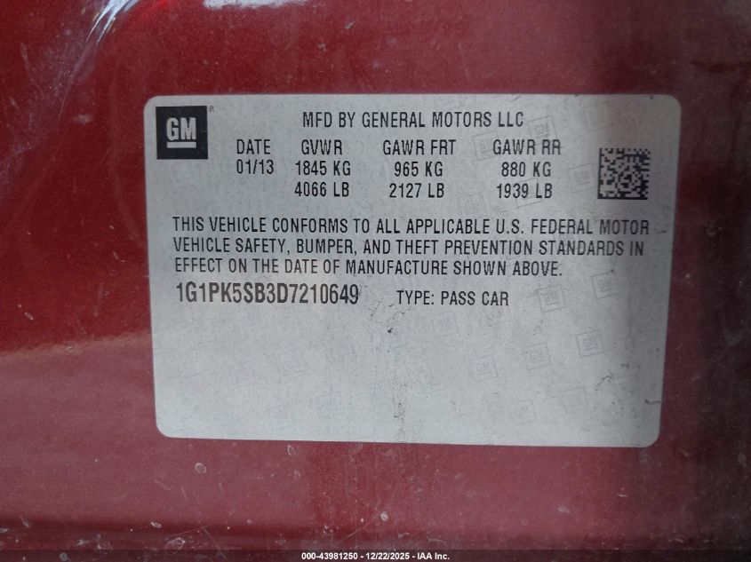 2013 Chevrolet Cruze Lt VIN: 1G1PK5SB3D7210649 Lot: 43981250