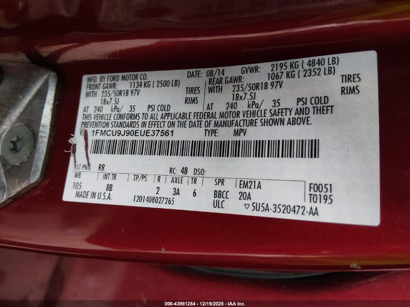 2014 Ford Escape Titanium VIN: 1FMCU9J90EUE37561 Lot: 43981254