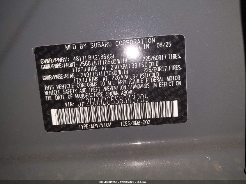 2025 Subaru Crosstrek Premium VIN: JF2GUHDC5S8343205 Lot: 43981255
