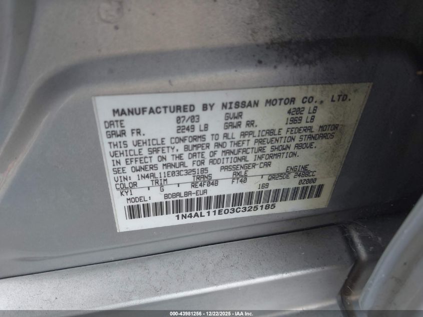 2003 Nissan Altima 2.5 S VIN: 1N4AL11E03C325185 Lot: 43981256
