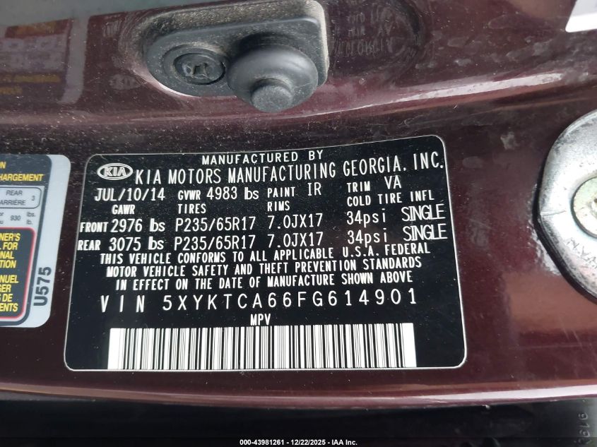 2015 Kia Sorento Lx VIN: 5XYKTCA66FG614901 Lot: 43981261