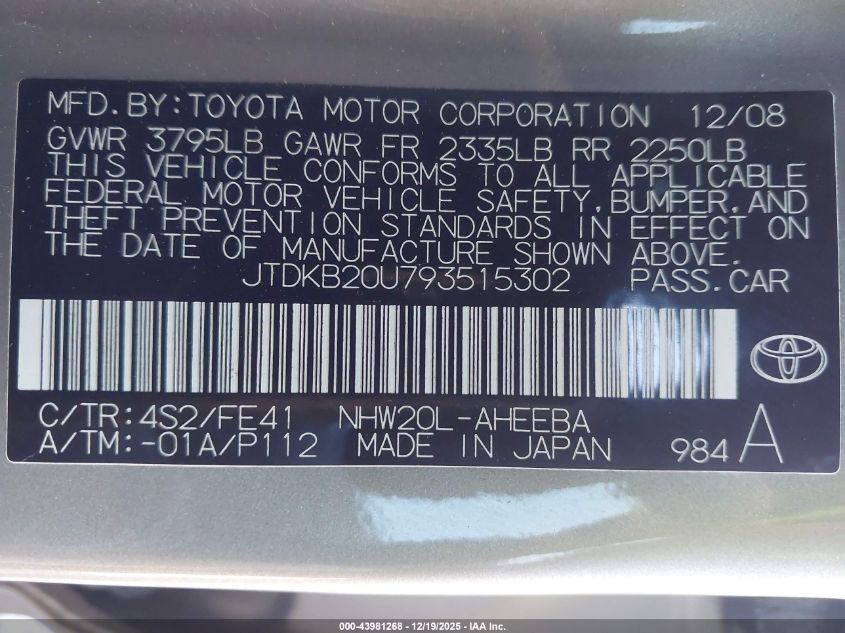 2009 Toyota Prius VIN: JTDKB20U793515302 Lot: 43981268