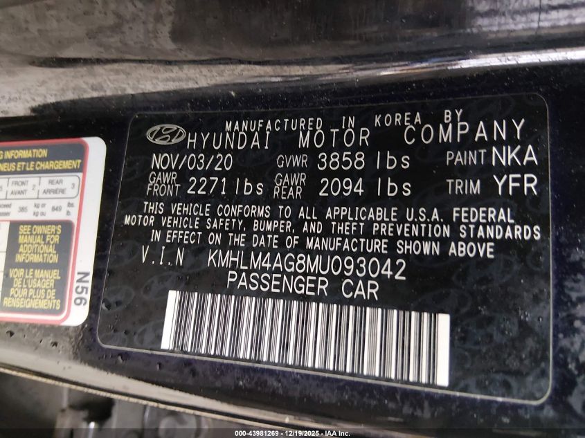 2021 Hyundai Elantra Sel VIN: KMHLM4AG8MU093042 Lot: 43981269