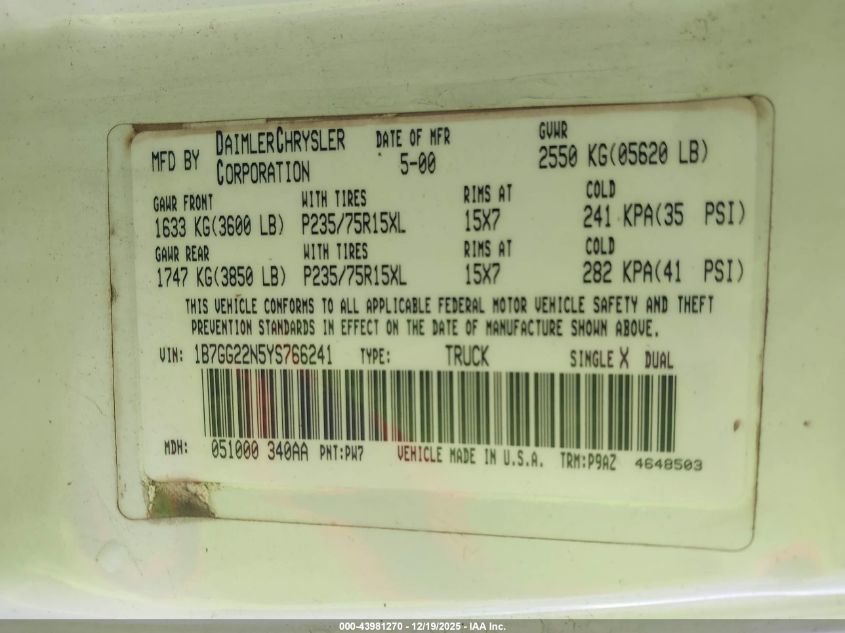 2000 Dodge Dakota Slt/Sport VIN: 1B7GG22N5YS766241 Lot: 43981270