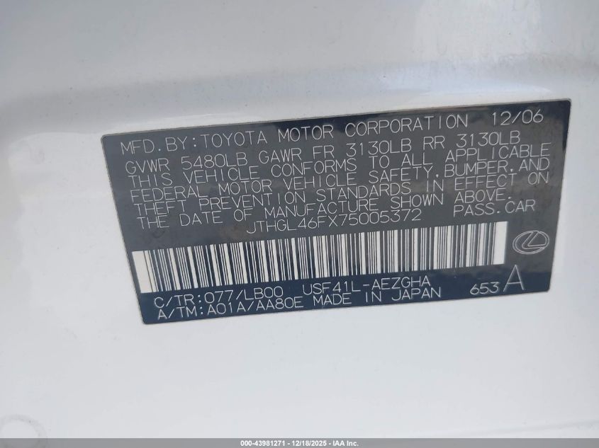 2007 Lexus Ls 460 L VIN: JTHGL46FX75005372 Lot: 43981271