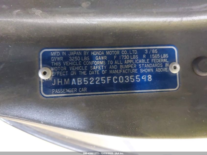 1985 Honda Prelude 1800 VIN: JHMAB5225FC035598 Lot: 43981273