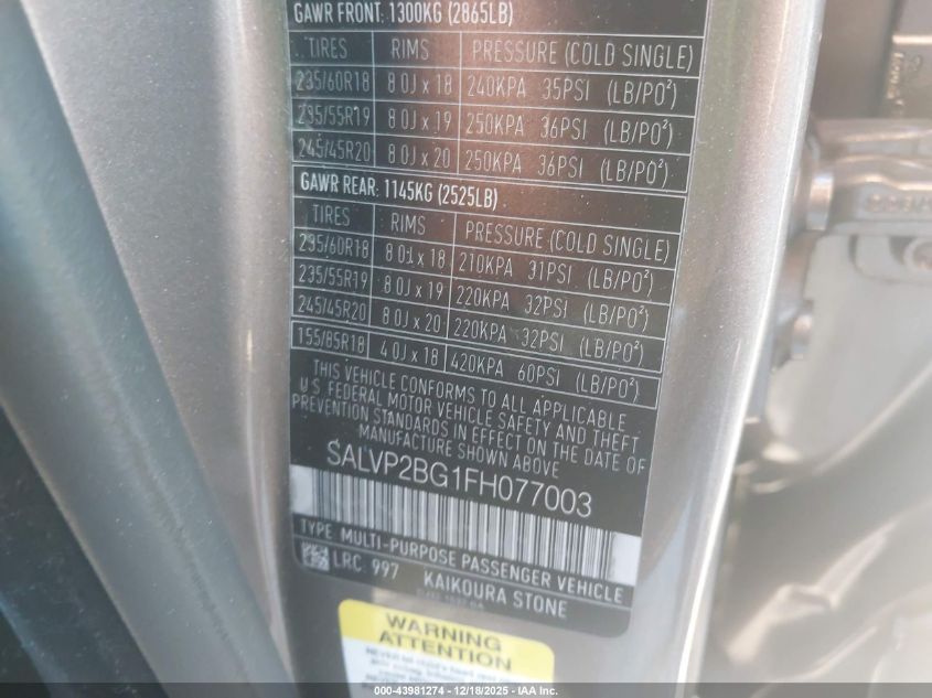 2015 Land Rover Range Rover Evoque Pure VIN: SALVP2BG1FH077003 Lot: 43981274