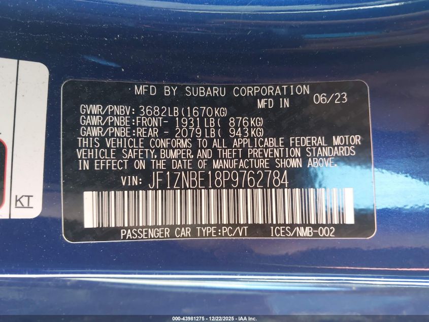 2023 Toyota Gr86 Premium VIN: JF1ZNBE18P9762784 Lot: 43981275