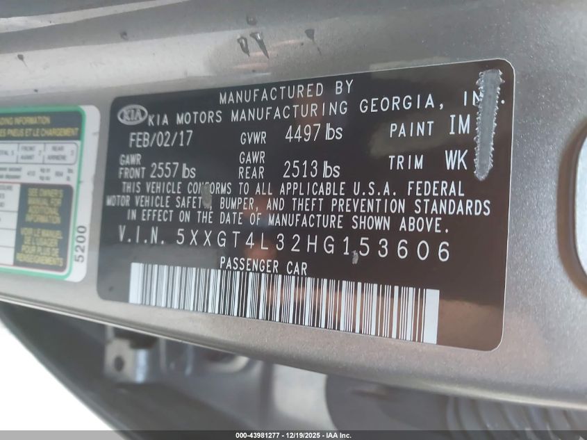 2017 Kia Optima Lx VIN: 5XXGT4L32HG153606 Lot: 43981277