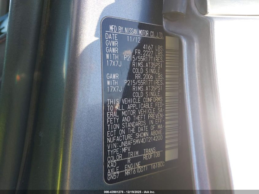 2013 Nissan Juke Sv VIN: JN8AF5MV4DT214200 Lot: 43981278