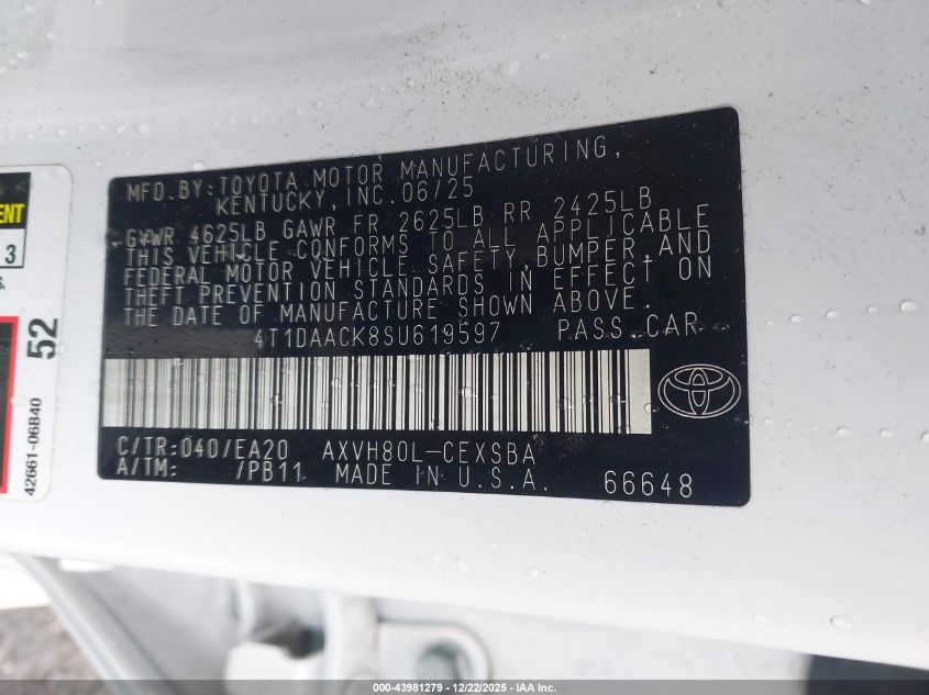 2025 Toyota Camry Se VIN: 4T1DAACK8SU619597 Lot: 43981279