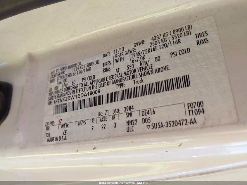 2014 Ford E-250 Commercial VIN: 1FTNE2EW1EDA19009 Lot: 43981280