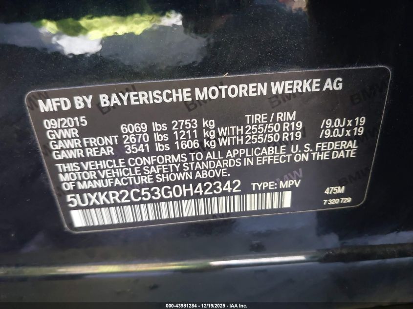 2016 BMW X5 Sdrive35I VIN: 5UXKR2C53G0H42342 Lot: 43981284