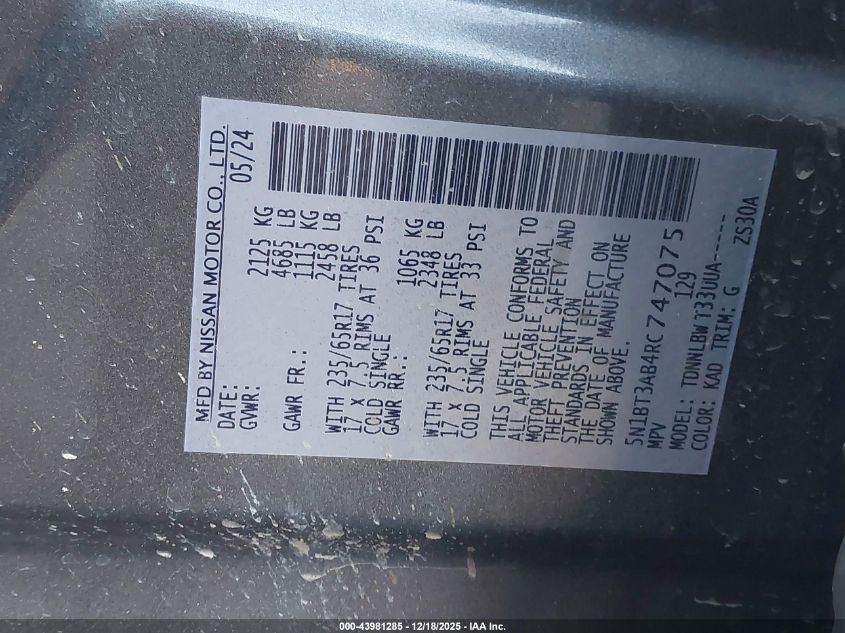 2024 Nissan Rogue S Intelligent Awd VIN: 5N1BT3AB4RC747075 Lot: 43981285