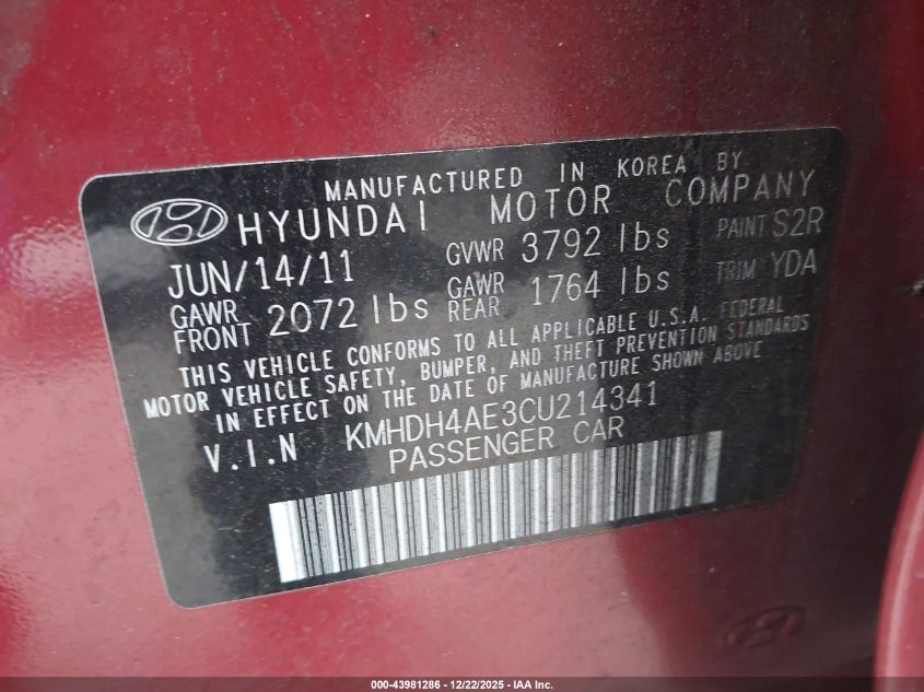 2012 Hyundai Elantra Gls (Ulsan Plant) VIN: KMHDH4AE3CU214341 Lot: 43981286