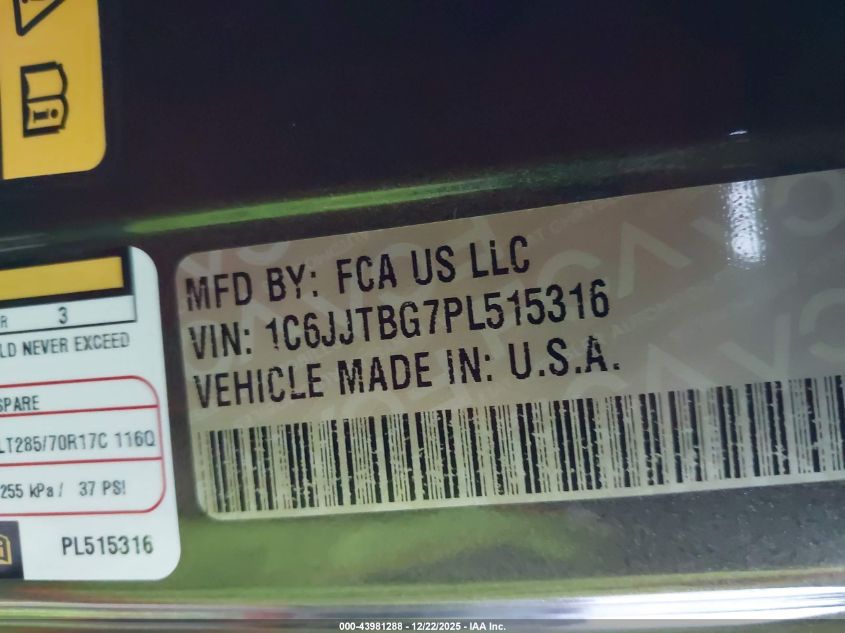 2023 Jeep Gladiator Rubicon 4X4 VIN: 1C6JJTBG7PL515316 Lot: 43981288