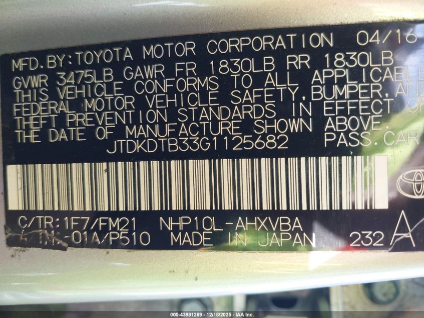 2016 Toyota Prius C Two VIN: JTDKDTB33G1125682 Lot: 43981289