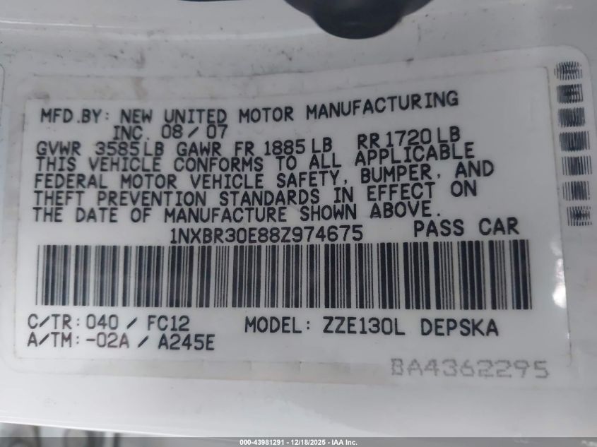 2008 Toyota Corolla S VIN: 1NXBR30E88Z974675 Lot: 43981291