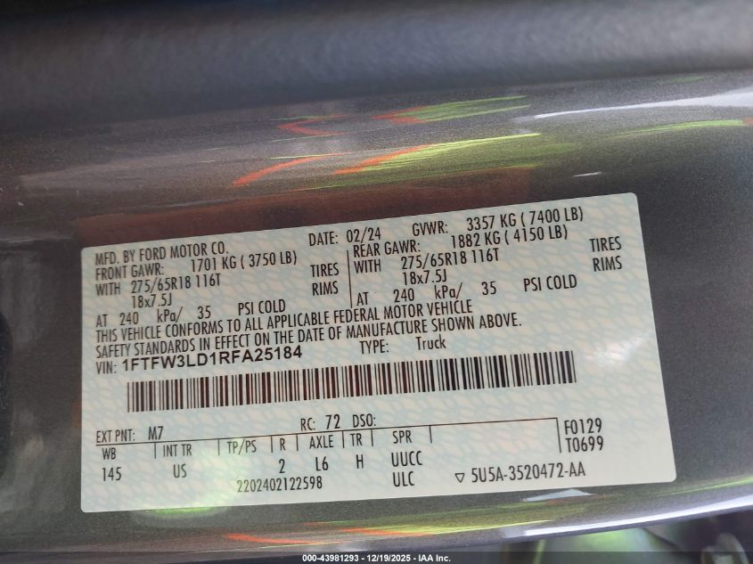 2024 Ford F-150 Xlt VIN: 1FTFW3LD1RFA25184 Lot: 43981293