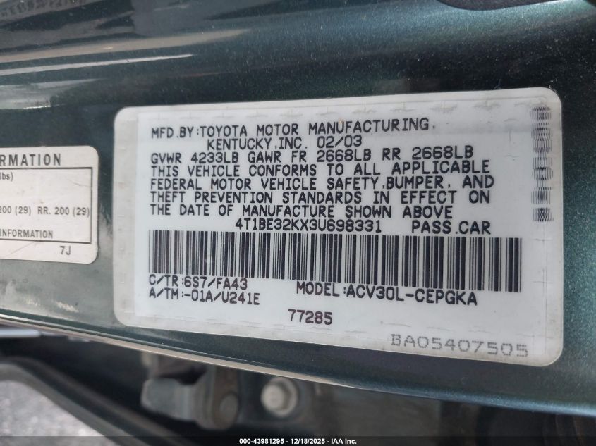 2003 Toyota Camry Xle VIN: 4T1BE32KX3U698331 Lot: 43981295