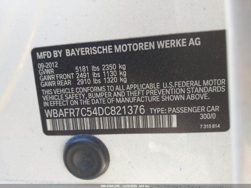 2013 BMW 535I VIN: WBAFR7C54DC821376 Lot: 43981296