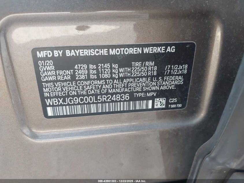 2020 BMW X1 xDrive28I VIN: WBXJG9C00L5R24836 Lot: 43981303