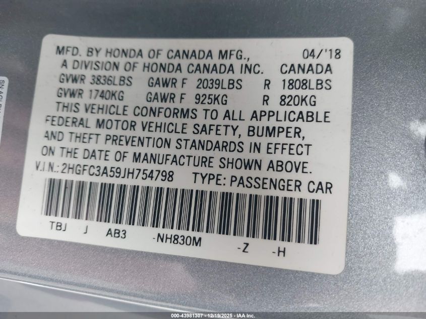 2018 Honda Civic Si VIN: 2HGFC3A59JH754798 Lot: 43981307