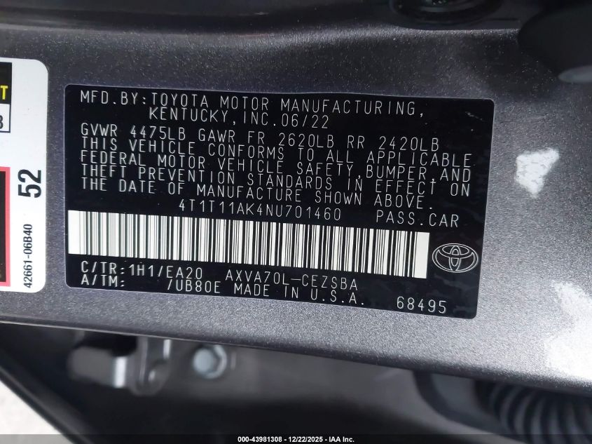 2022 Toyota Camry Se VIN: 4T1T11AK4NU701460 Lot: 43981308