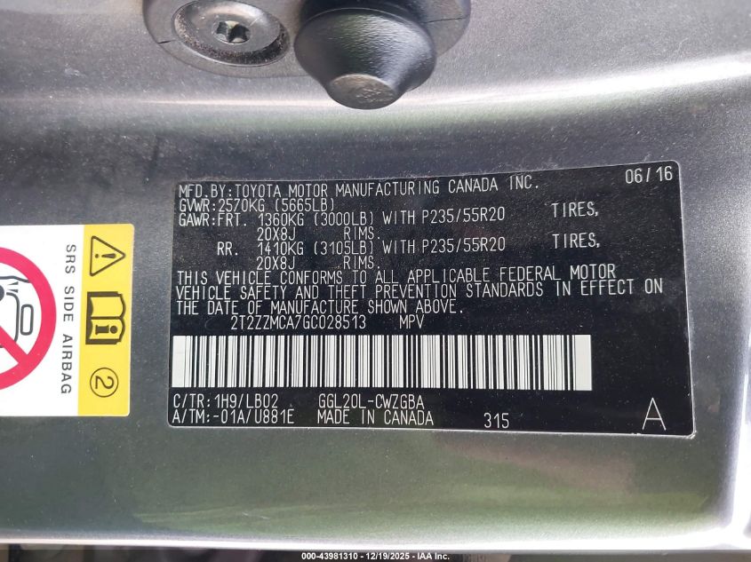 2016 Lexus Rx 350 VIN: 2T2ZZMCA7GC028513 Lot: 43981310