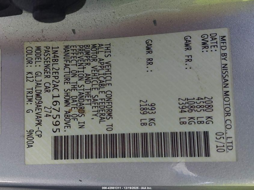 2010 Nissan Altima 3.5 Sr VIN: 1N4BL2EP2AC167595 Lot: 43981311