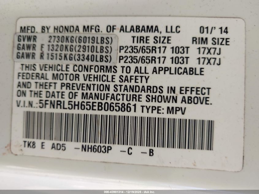 2014 Honda Odyssey Ex-L VIN: 5FNRL5H65EB065861 Lot: 43981314